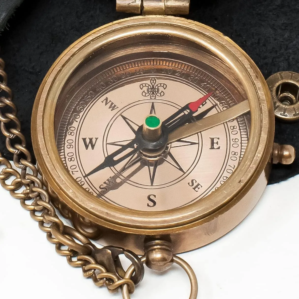Antique Brass Compass with Leather Case & Chainmail Nautical Map Reader Compass for Traveling Camping Tool