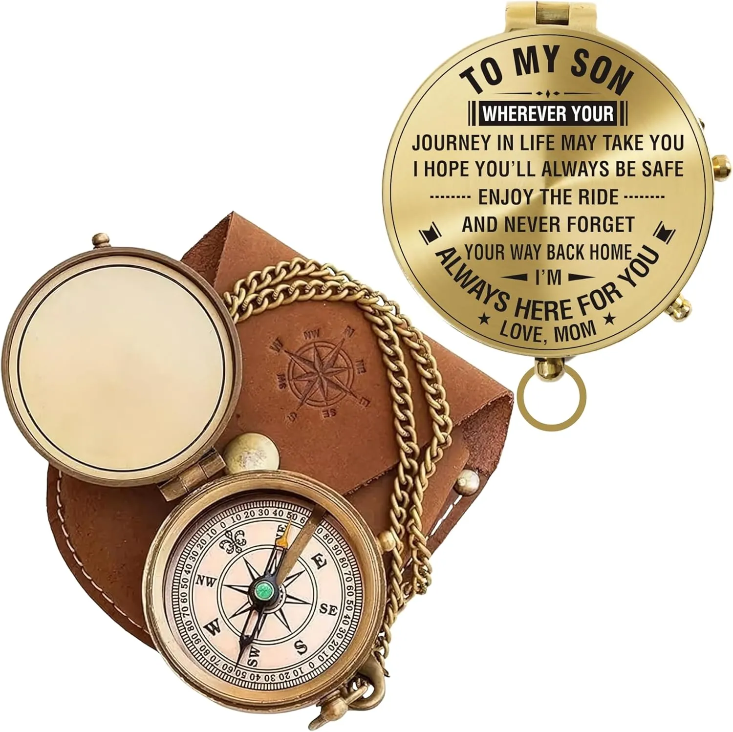 Antique Brass Compass with Leather Case to My Son Engraved Pocket Compass for Men - Genuine Leather Pouch Stamped, Vintage Gift for Son (TMSC-LP-05)