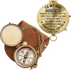 Antique Brass Compass with Leather Case to My Son Engraved Pocket Compass for Men - Genuine Leather Pouch Stamped, Vintage Gift for Son (TMSC-LP-05)