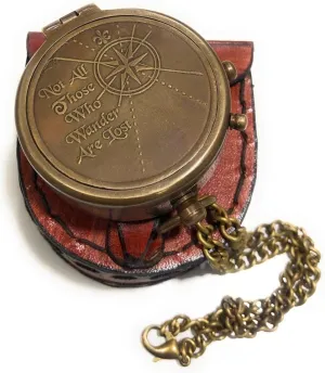 Antique Nautical Brass Magnetic Compass, Engraved Camping , Pocket Gift Compass with Stamped Leather Carry Case