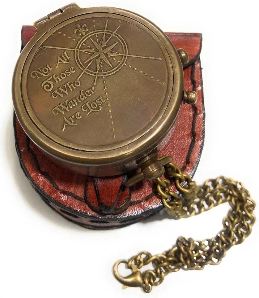 Antique Nautical Brass Magnetic Compass, Engraved Camping , Pocket Gift Compass with Stamped Leather Carry Case