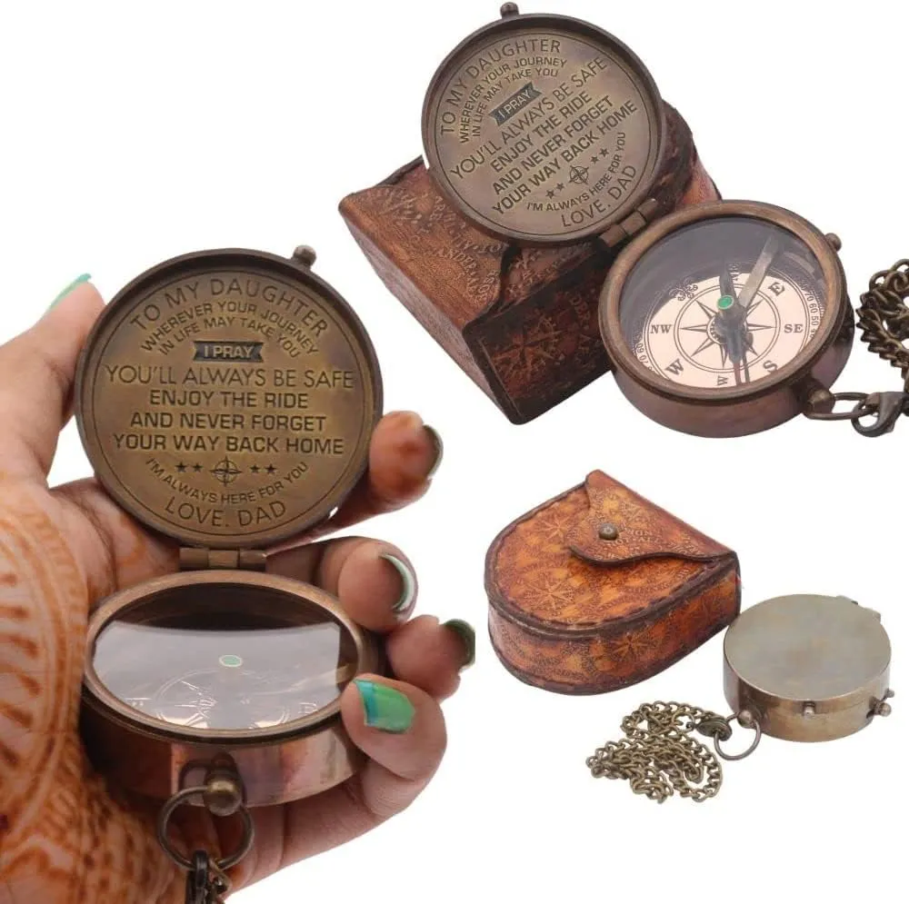Antique Nautical Vintage Directional Magnetic Compass with Famous Scripture Quote Engraved Baptism Gifts with Leather Case for Loved Ones Son Father Love Partner Spouse Fiancé