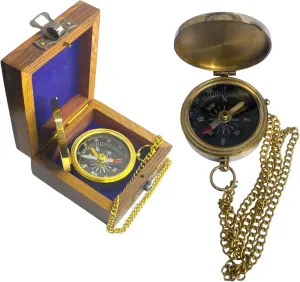 Antique Nautical Vintage Polaris Brass Chain Compass with Wooden Box Case for Navigation and Survival Working Compass