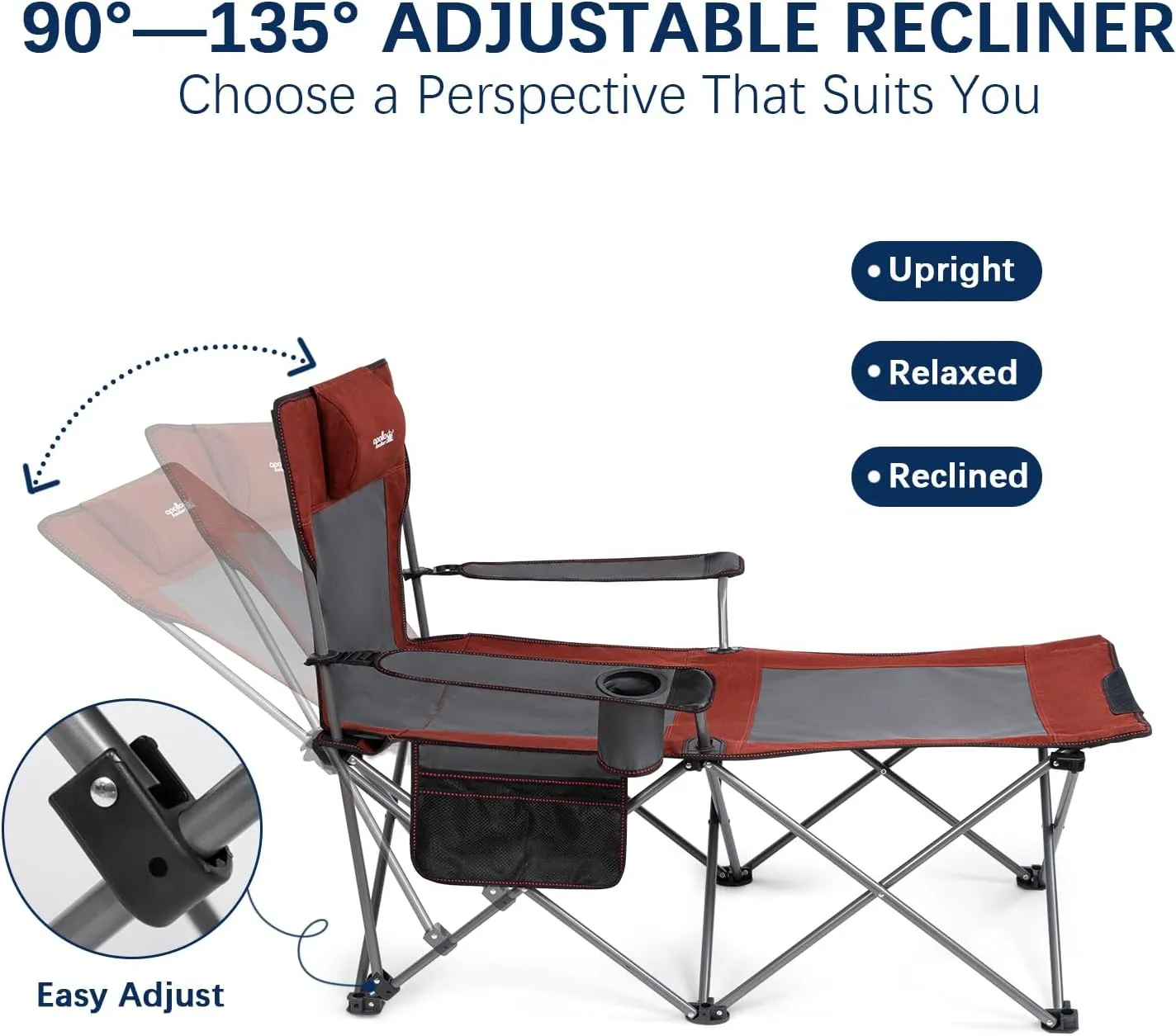 apollo walker Camping Chairs for Adults - 6 Legged Beach Chair with Foot Rest, Adjustable 90° - 135° Reclining Lounge Chair Outdoor, Folding Chairs for Outside with Detachable Pillow & Carry Bag Red