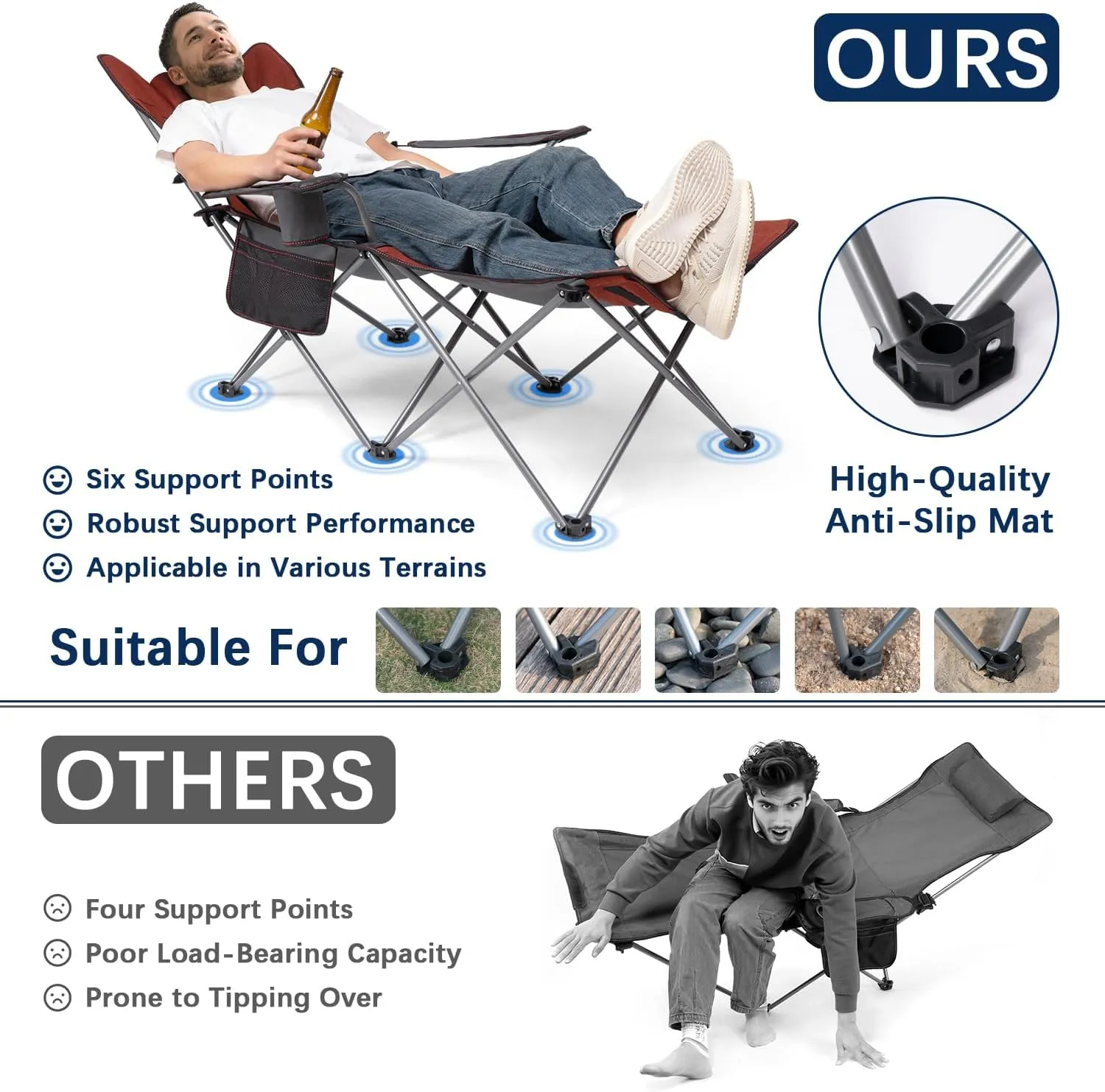 apollo walker Camping Chairs for Adults - 6 Legged Beach Chair with Foot Rest, Adjustable 90° - 135° Reclining Lounge Chair Outdoor, Folding Chairs for Outside with Detachable Pillow & Carry Bag Red