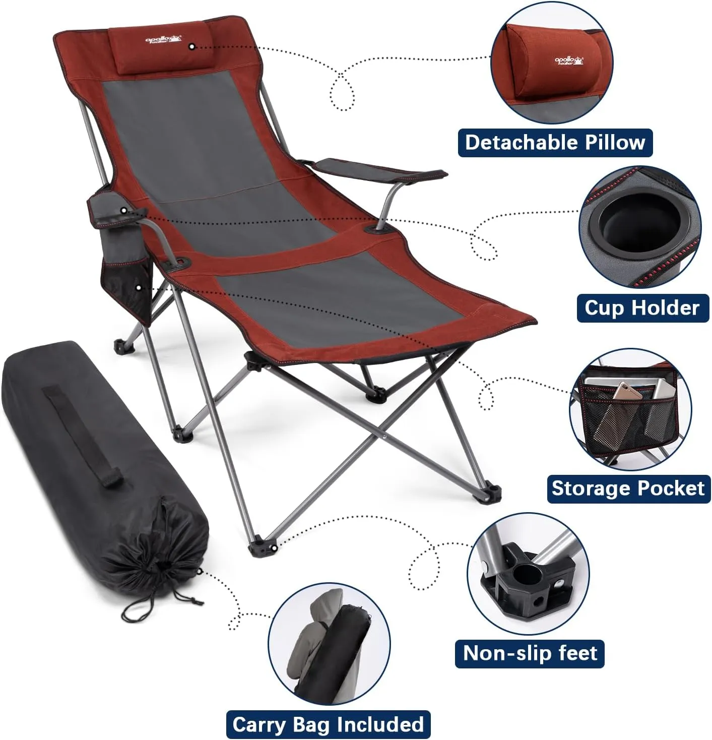 apollo walker Camping Chairs for Adults - 6 Legged Beach Chair with Foot Rest, Adjustable 90° - 135° Reclining Lounge Chair Outdoor, Folding Chairs for Outside with Detachable Pillow & Carry Bag Red