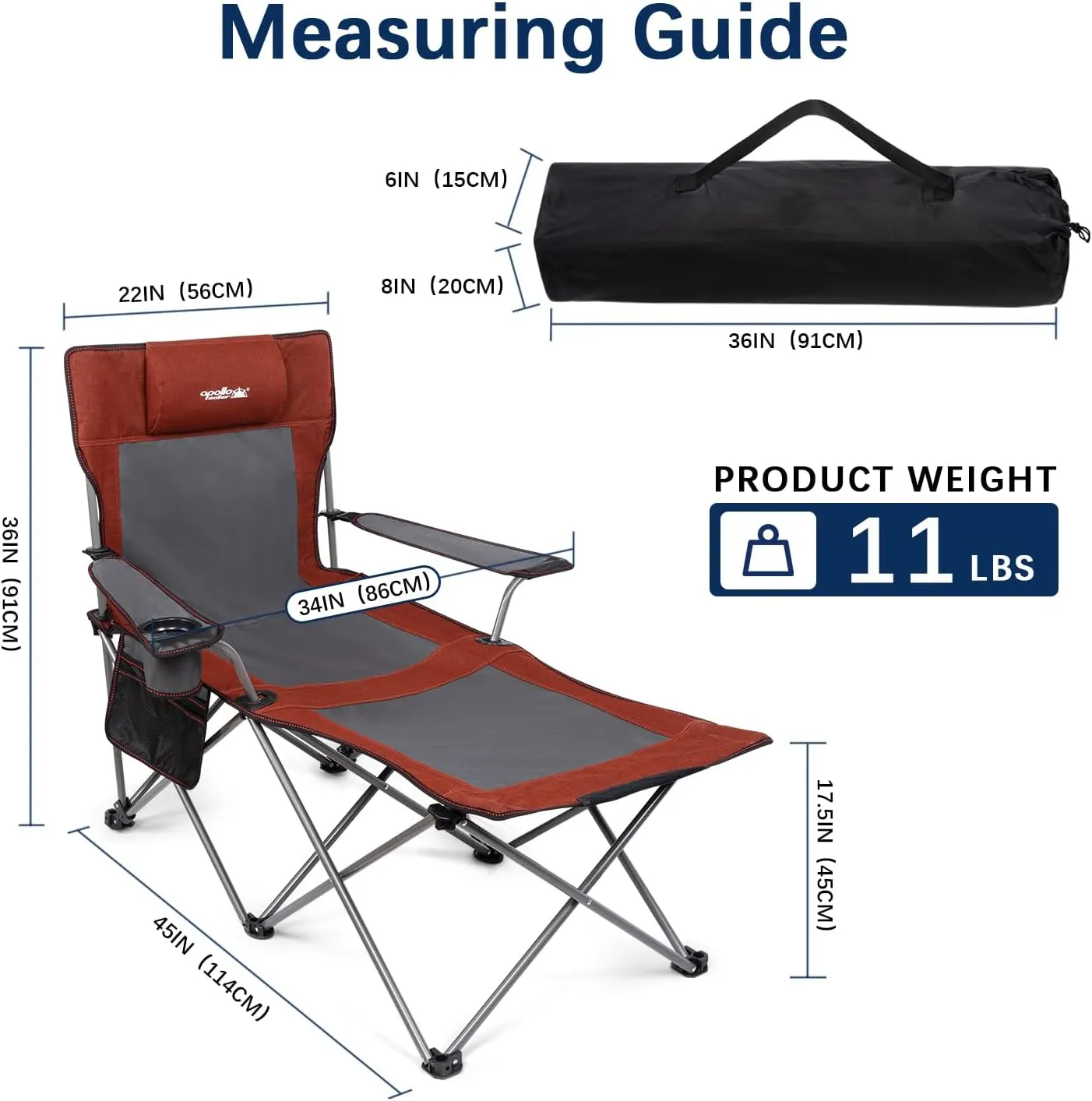apollo walker Camping Chairs for Adults - 6 Legged Beach Chair with Foot Rest, Adjustable 90° - 135° Reclining Lounge Chair Outdoor, Folding Chairs for Outside with Detachable Pillow & Carry Bag Red