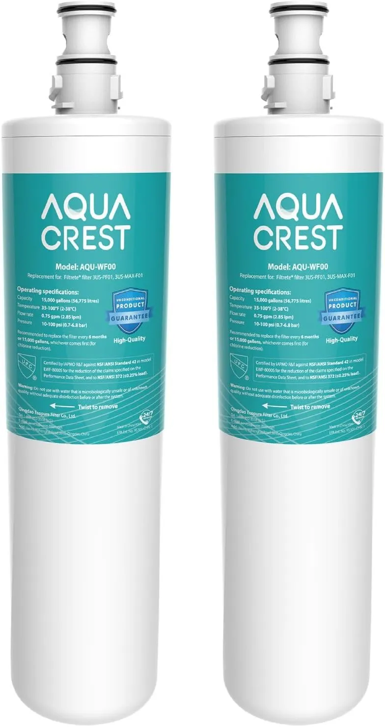 AQUA CREST 3US-PF01 Under Sink Water Filter, NSF/ANSI 42 Certified Replacement for Filtrete® 3US-PF01, 3US-MAX-F01H, Delta RP78702, Manitowoc K-00337, K-00338, HF20 HF25 HF27, 2 Pack, No.AQU-WF00