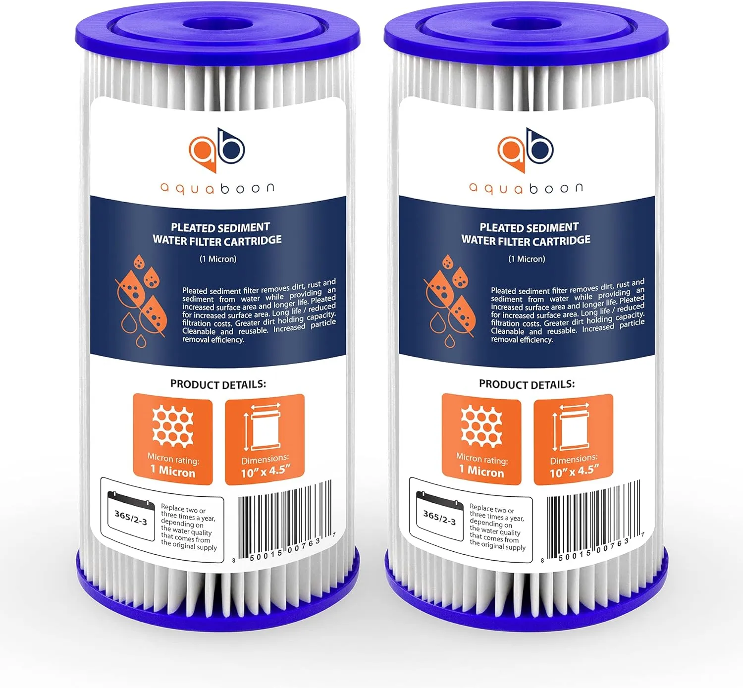 Aquaboon 1 Micron Pleated Water Filter 10 x 4.5 for Whole House Sediment Water Filter Replacement Compatible with Well Filters FXHSC, R50-BBSA (2-PACK)