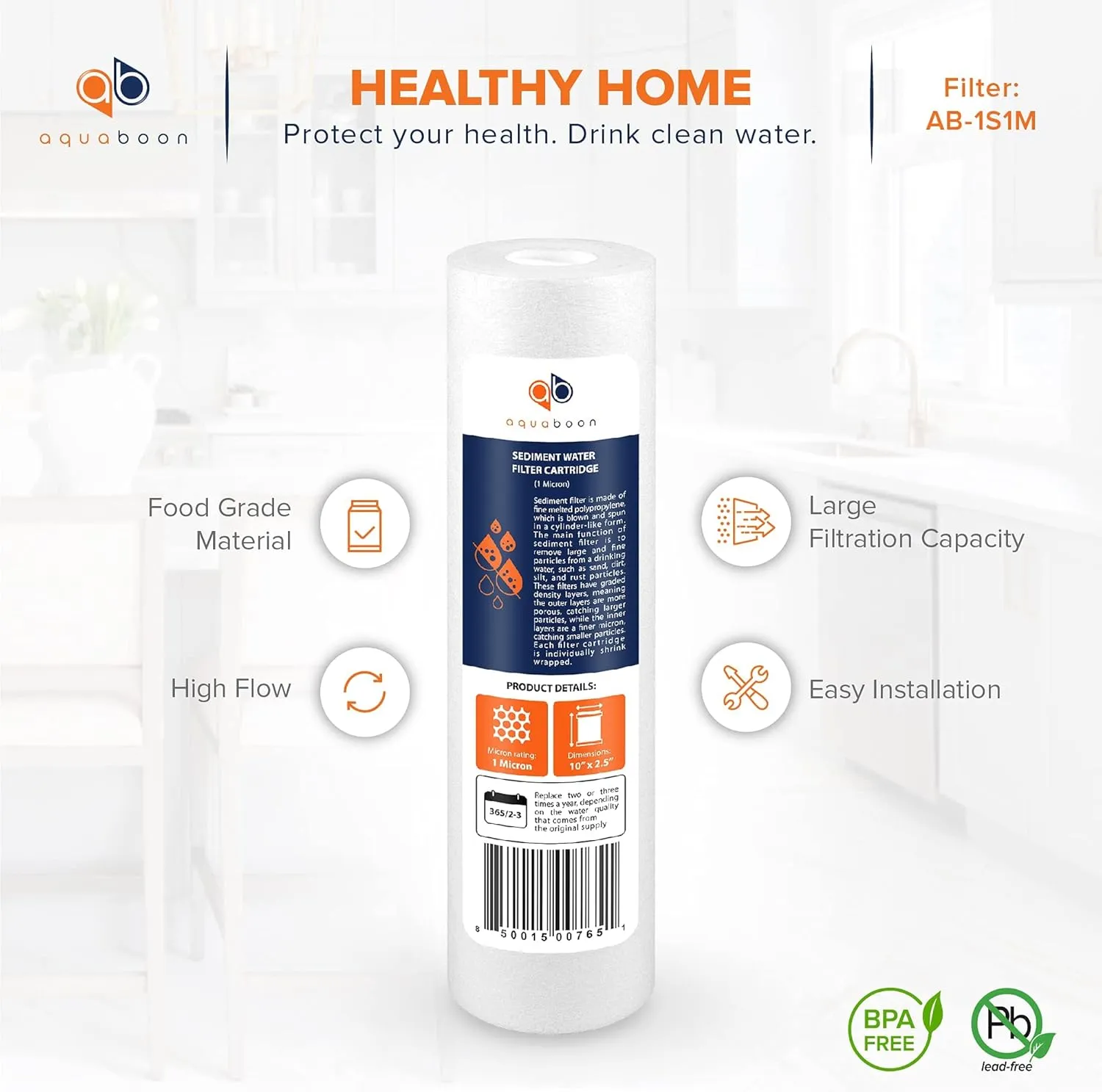 Aquaboon 1 Micron Whole House Sediment Filter 10 x 2.5 for RO & Well Water Filters Replacement Cartridges Compatible with AP110, WHKF-GD05, 50 Pack