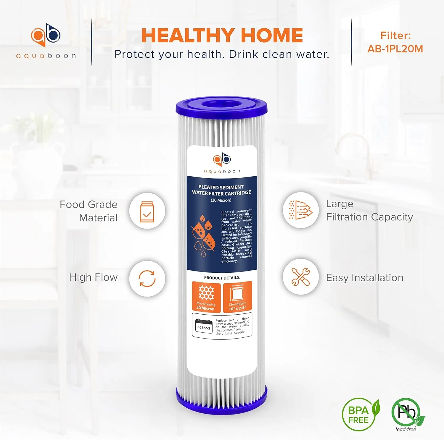 Aquaboon 20 Micron Pleated Sediment Filter Cartridge 10" x 2.5" Whole House Water Filter Replacement Compatible with WFPFC3002, WHKF-WHPL, 6-Pack