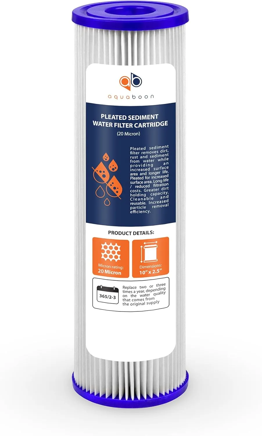 Aquaboon 20 Micron Pleated Sediment Filter Cartridge 10" x 2.5" Whole House Water Filter Replacement Compatible with WFPFC3002, WHKF-WHPL, 6-Pack