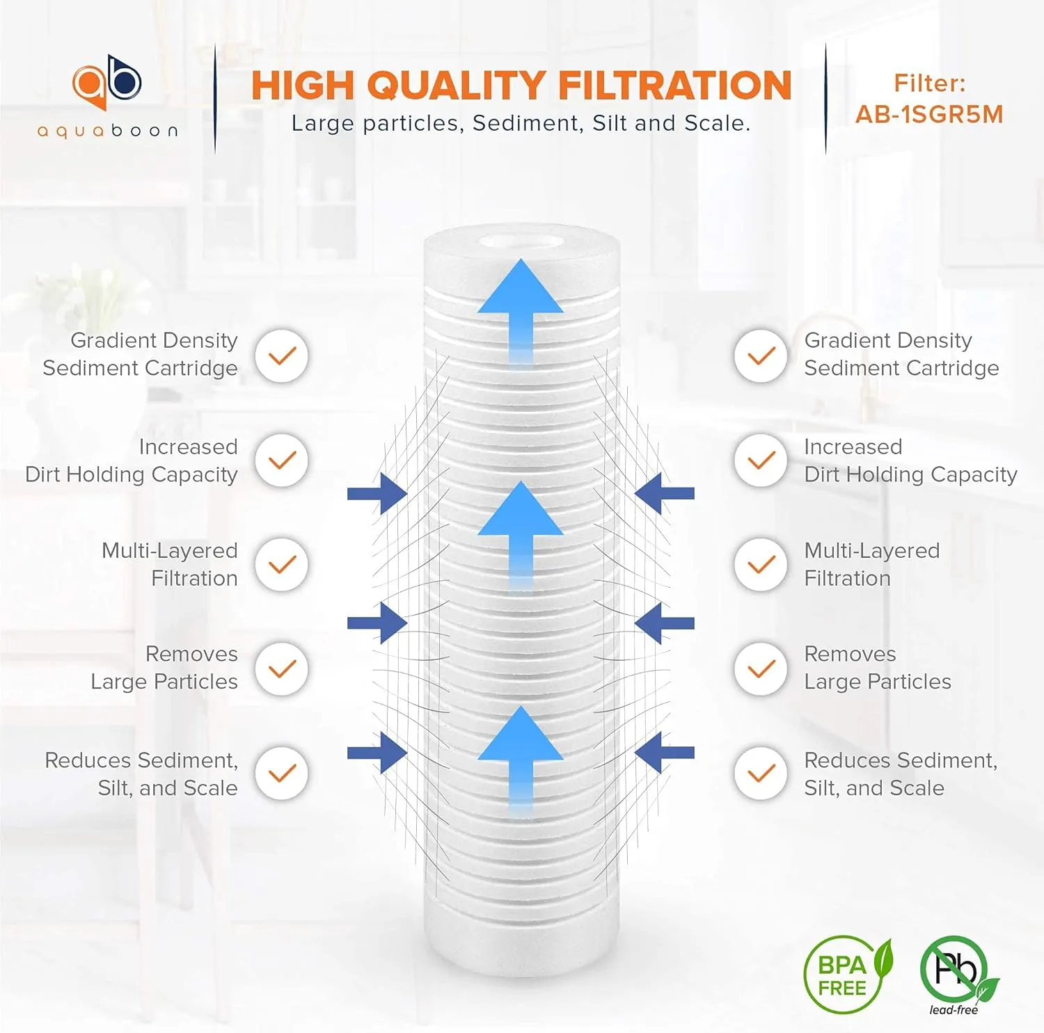 Aquaboon 5 Micron 10 x 2.5 Grooved Sediment Water Filter Replacement for Whole House Filter Cartridge Compatible with AP110, WHKF-GD05, CFS110, 25-Pack