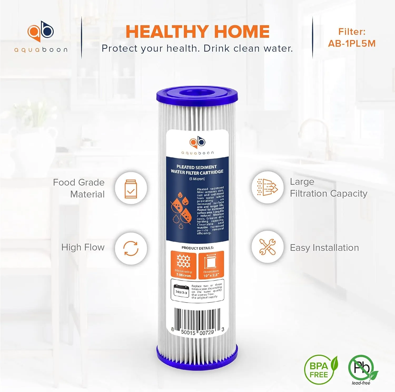 Aquaboon 5 Micron 10x2.5 Whole House Pleated Sediment Filter Cartridge for Well Water Filter Replacement Compatible with WFPFC3002, WHKF-WHPL, 6-Pack