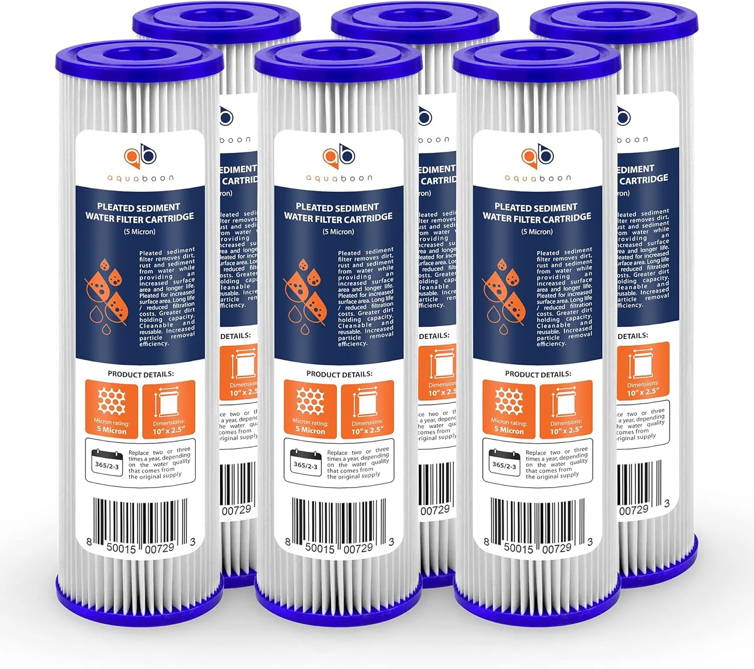 Aquaboon 5 Micron 10x2.5 Whole House Pleated Sediment Filter Cartridge for Well Water Filter Replacement Compatible with WFPFC3002, WHKF-WHPL, 6-Pack