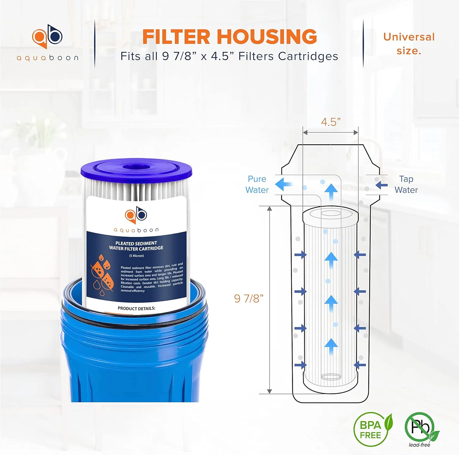 Aquaboon 5 Micron Pleated Sediment Water Filter 10 x 4.5 Cartridge - Whole House Water Filter Replacement - Whole House Water Filters Cartridges Compatible with Well Filters FXHSC, R50-BBSA, 4-Pack