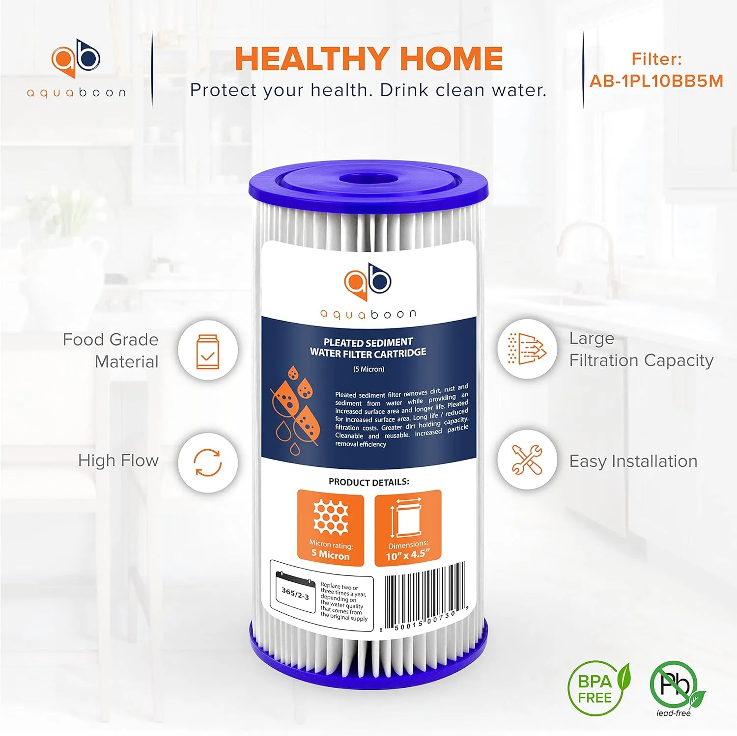 Aquaboon 5 Micron Pleated Sediment Water Filter 10 x 4.5 Cartridge - Whole House Water Filter Replacement - Whole House Water Filters Cartridges Compatible with Well Filters FXHSC, R50-BBSA, 4-Pack