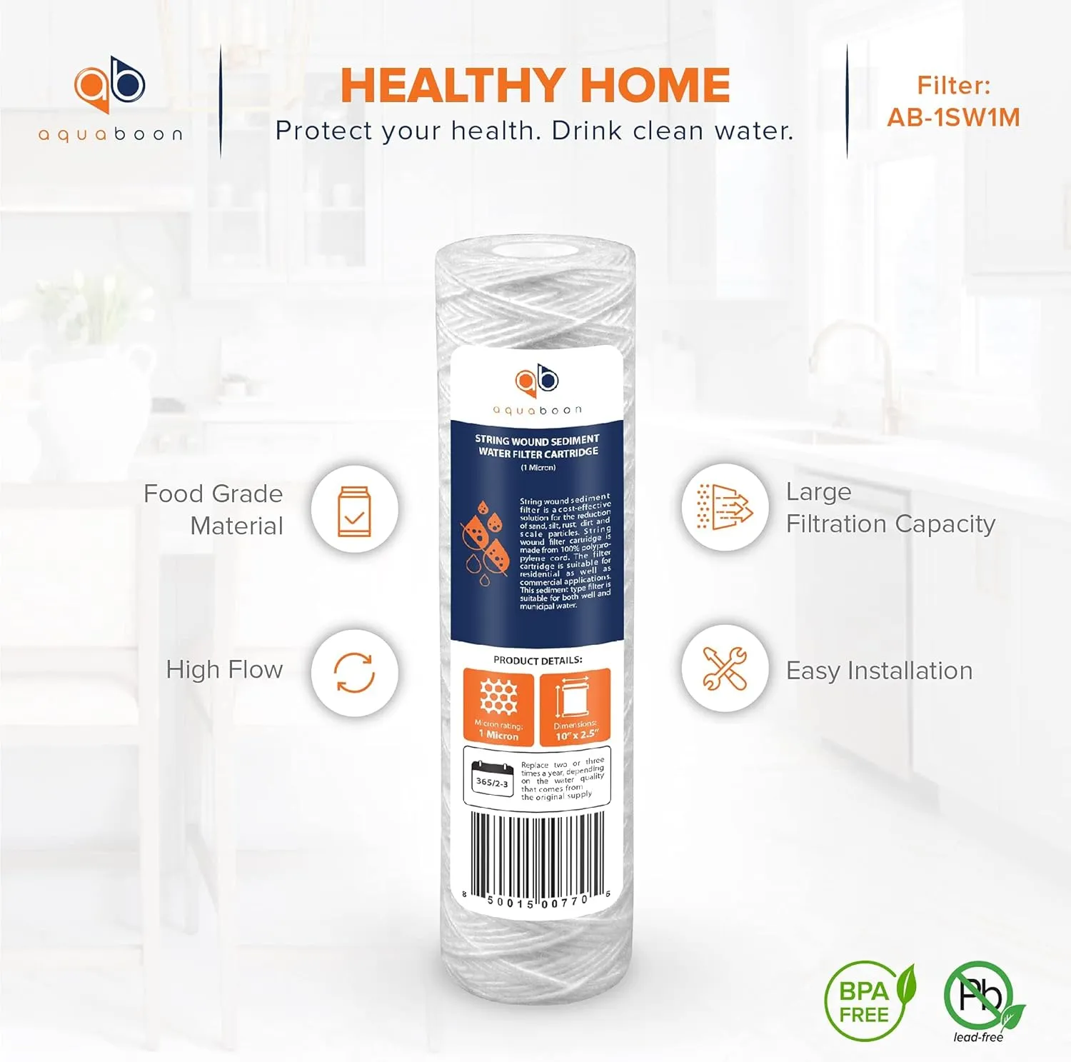 Aquaboon Whole House 1 Micron String Wound Water Filter 10 x 2.5 Cartridge for Well Water Filter Replacement Compatible with WHKF-WHSW, AP110, 6-Pack