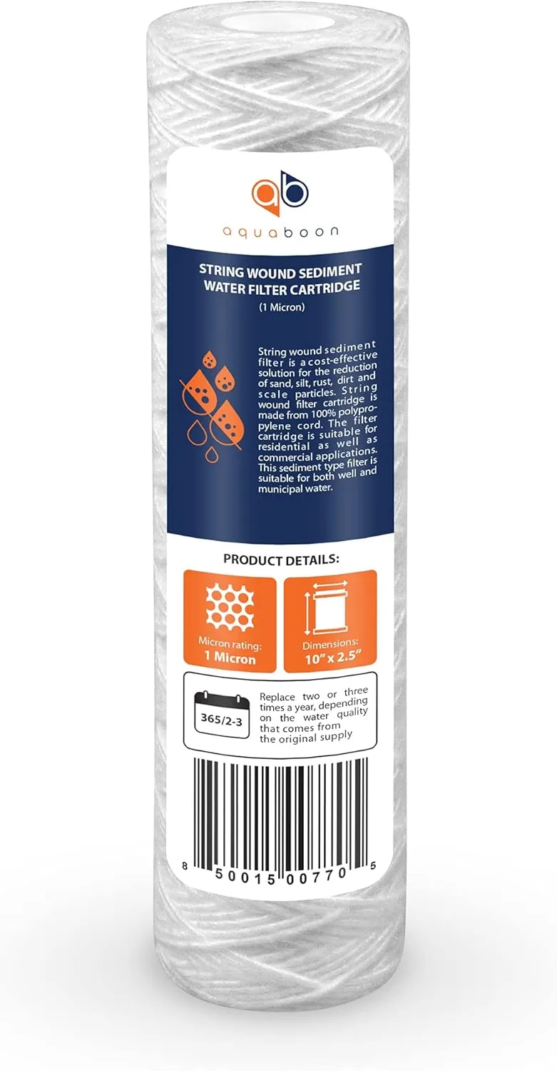 Aquaboon Whole House 1 Micron String Wound Water Filter 10 x 2.5 Cartridge for Well Water Filter Replacement Compatible with WHKF-WHSW, AP110, 6-Pack