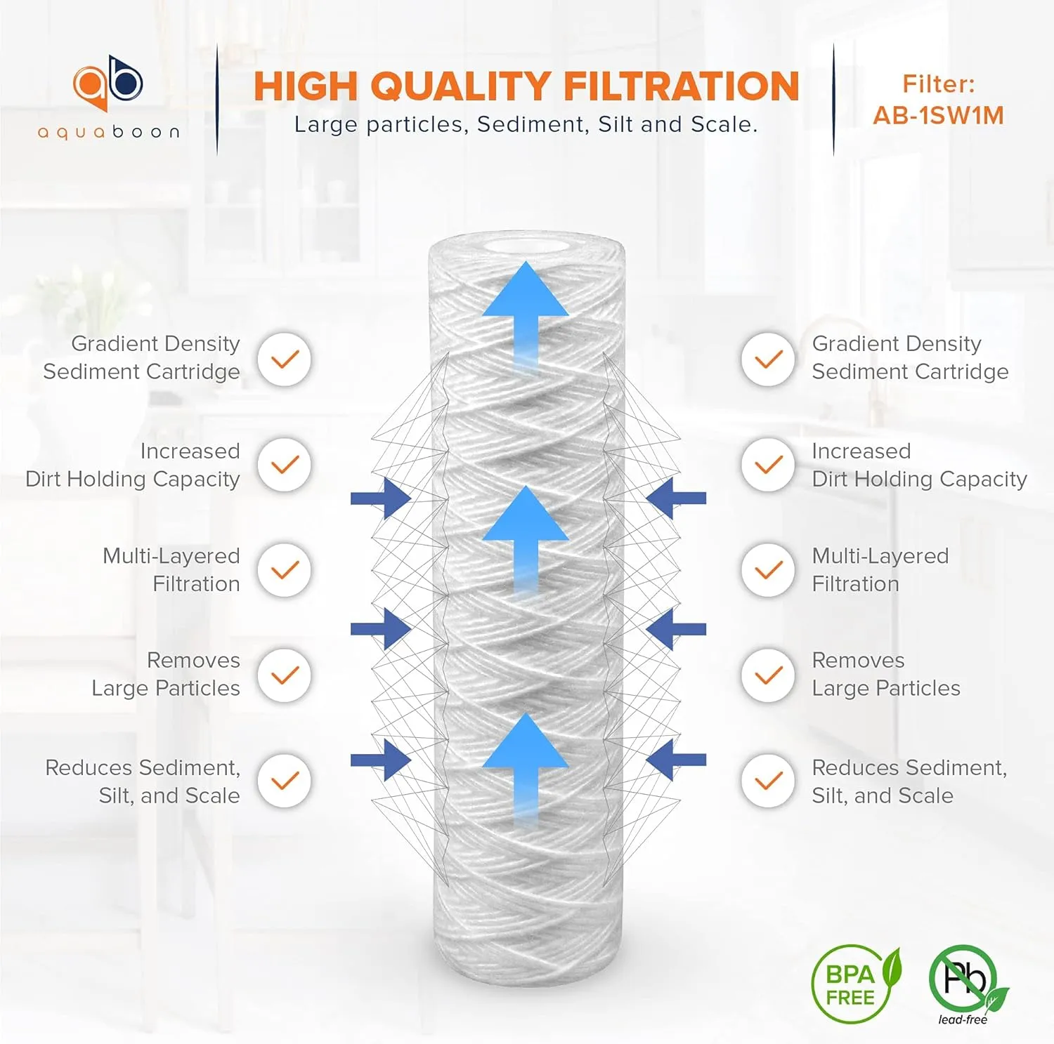 Aquaboon Whole House 1 Micron String Wound Water Filter 10 x 2.5 Cartridge for Well Water Filter Replacement Compatible with WHKF-WHSW, AP110, 6-Pack