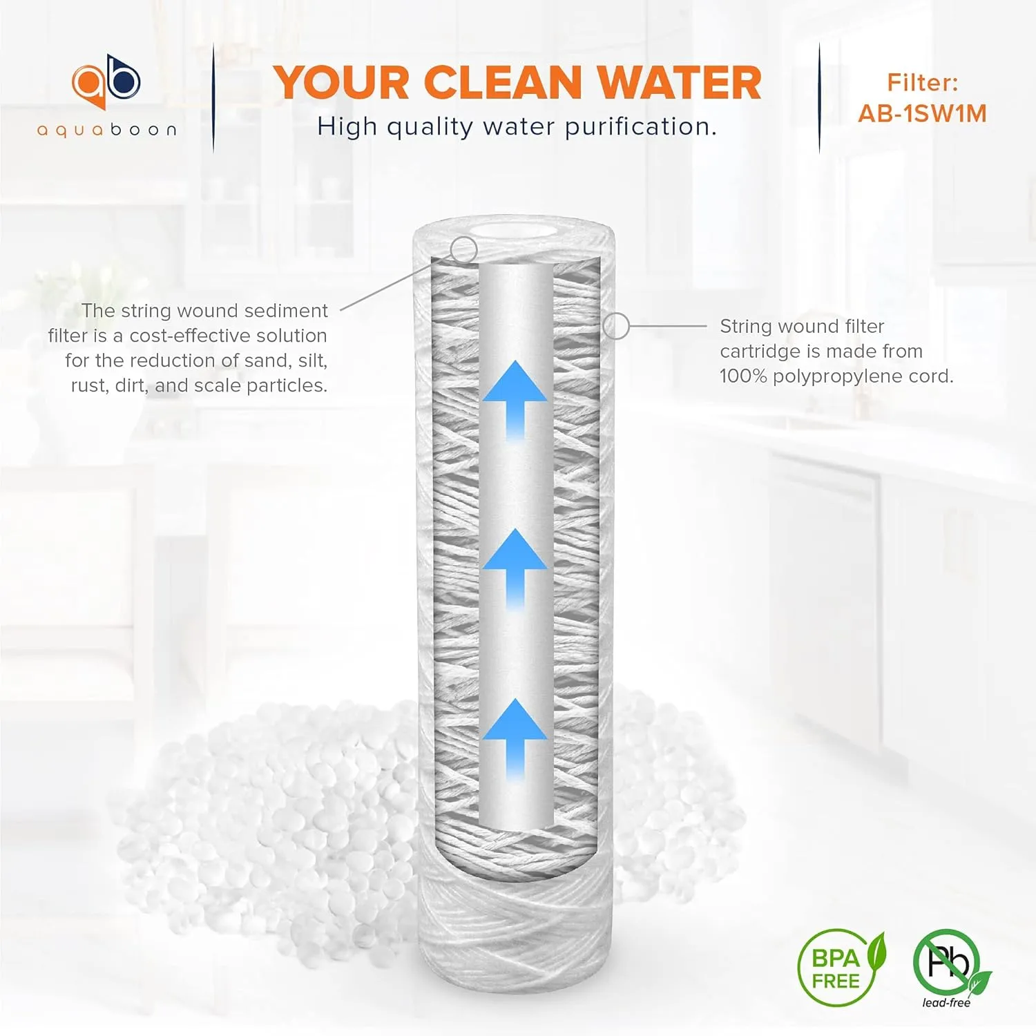 Aquaboon Whole House 1 Micron String Wound Water Filter 10 x 2.5 Cartridge for Well Water Filter Replacement Compatible with WHKF-WHSW, AP110, 6-Pack