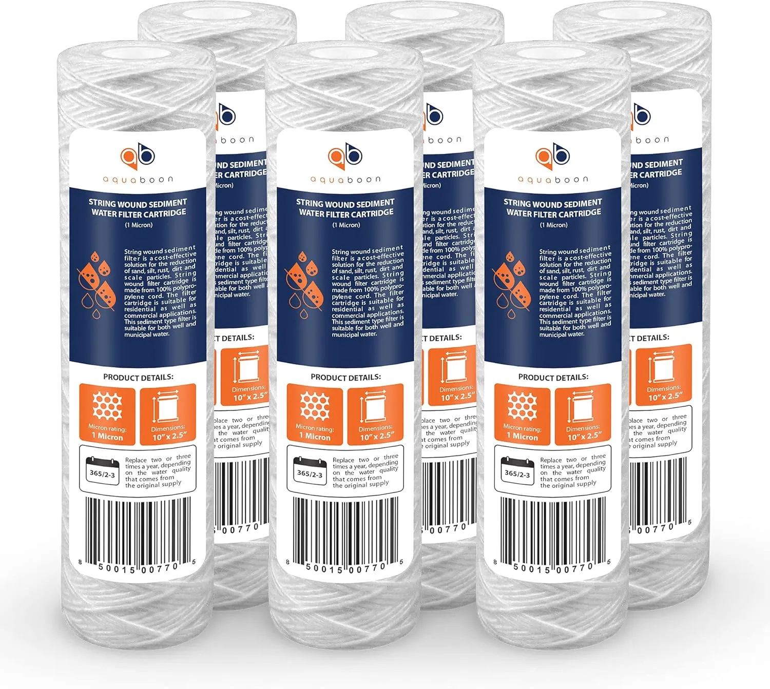 Aquaboon Whole House 1 Micron String Wound Water Filter 10 x 2.5 Cartridge for Well Water Filter Replacement Compatible with WHKF-WHSW, AP110, 6-Pack