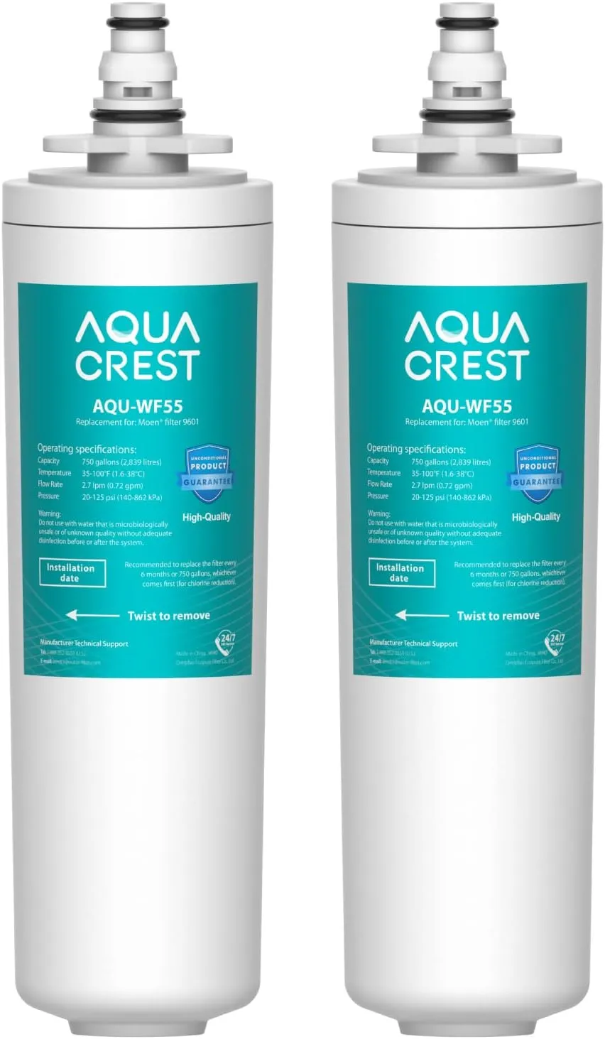AQUACREST 9601 Water Filter, Model No.AQU-WF55. Replacement for Moen 9601 ChoiceFlo 9600, 9602, 9500, 9501, 9502, Fits F87400, F7400, F87200, 77200, CAF87254, S5500 Series of Moen Faucets (Pack of 2)