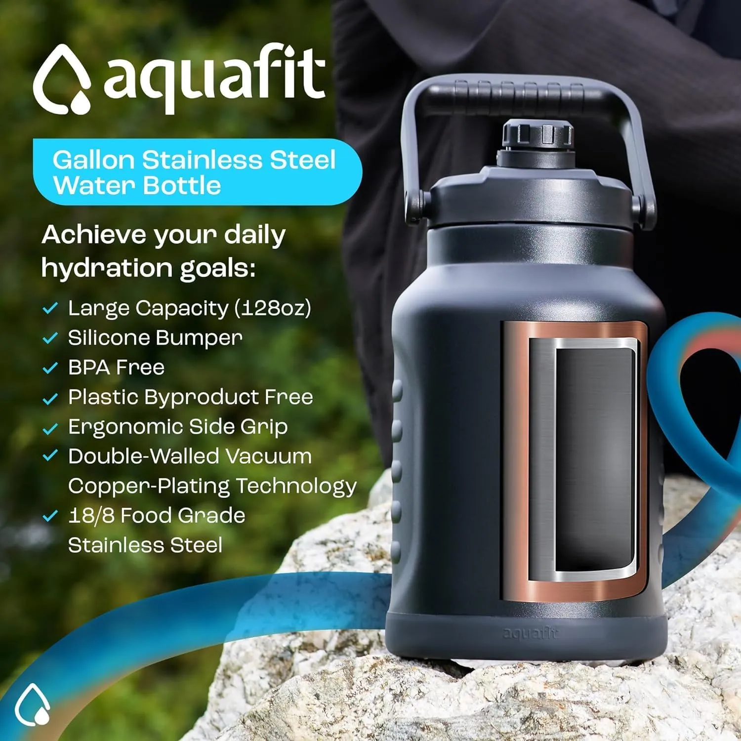 AQUAFIT 1 Gallon Insulated Water Bottle (Cold for 48 Hrs) - BPA Free & Leak Proof - 128oz Stainless Steel Jug - Big Water Bottle with Handle for Gym, Hiking, Camping & Travel (Military Green)