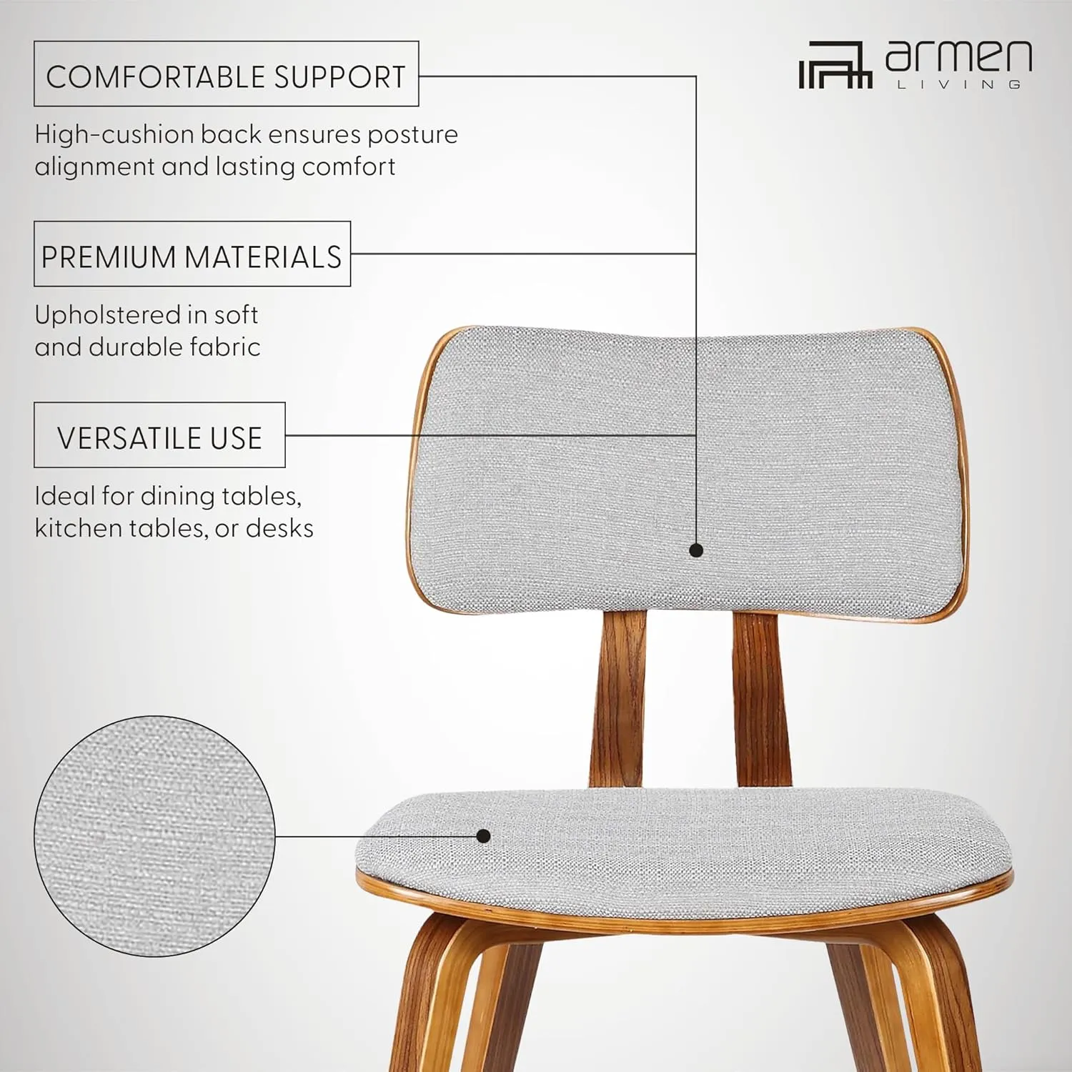 Armen Living Jaguar Mid Century Modern Dining Accent Chair for Kitchen Table Desk Vanity in Grey Fabric and Walnut Wood Finish