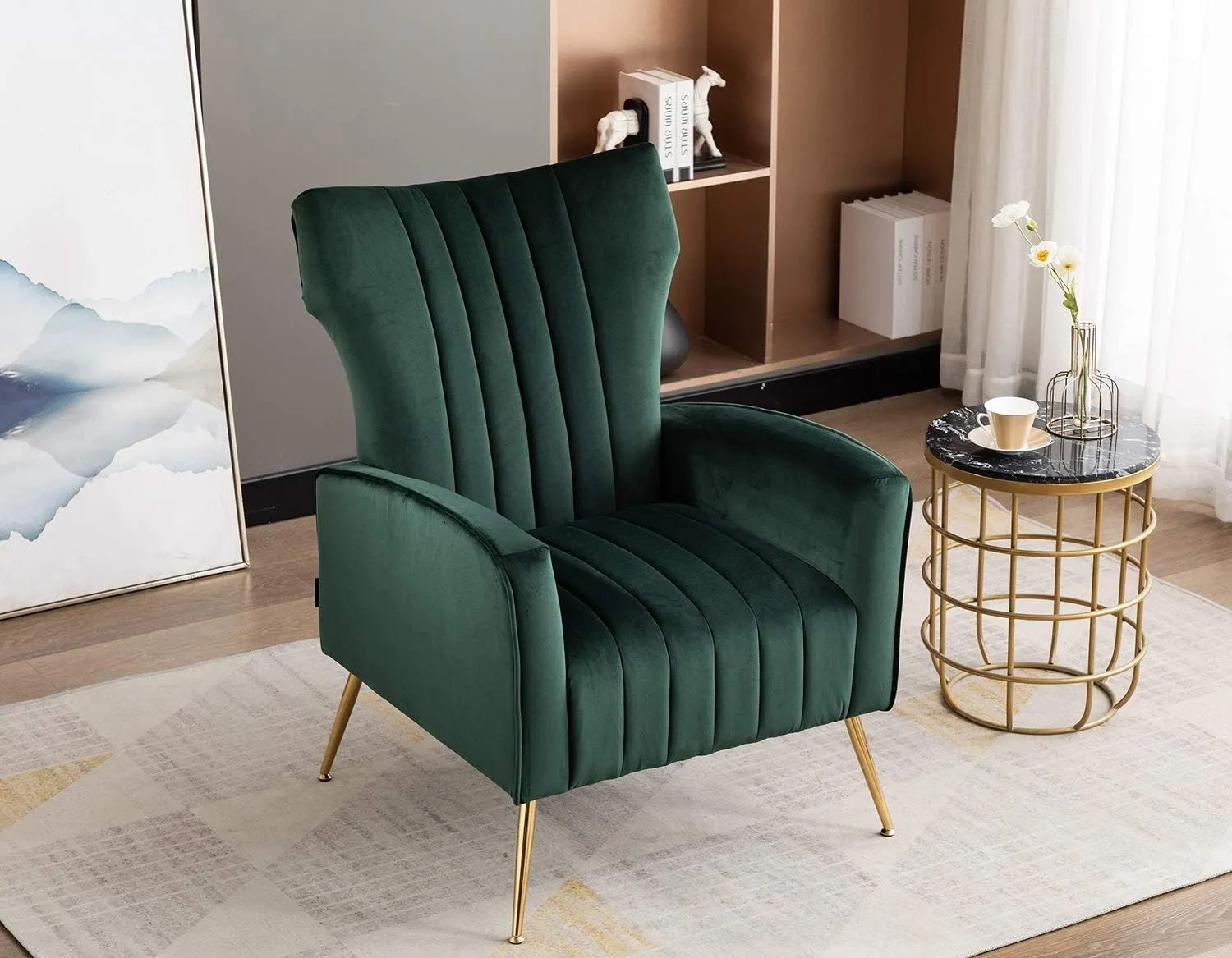Artechworks Curved Tufted Accent Chair with Metal Gold Legs Velvet Upholstered Arm Club Leisure Modern Chair for Living Room Bedroom Patio, Green