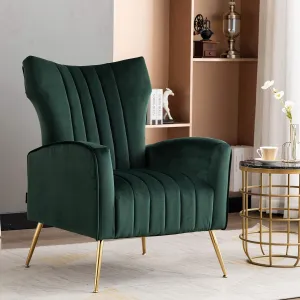 Artechworks Curved Tufted Accent Chair with Metal Gold Legs Velvet Upholstered Arm Club Leisure Modern Chair for Living Room Bedroom Patio, Green