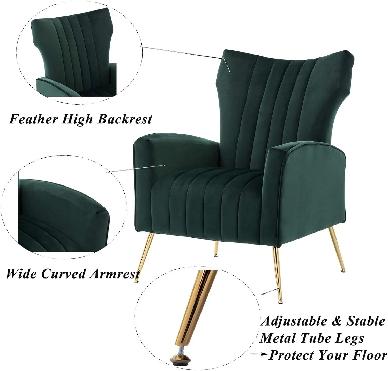 Artechworks Curved Tufted Accent Chair with Metal Gold Legs Velvet Upholstered Arm Club Leisure Modern Chair for Living Room Bedroom Patio, Green