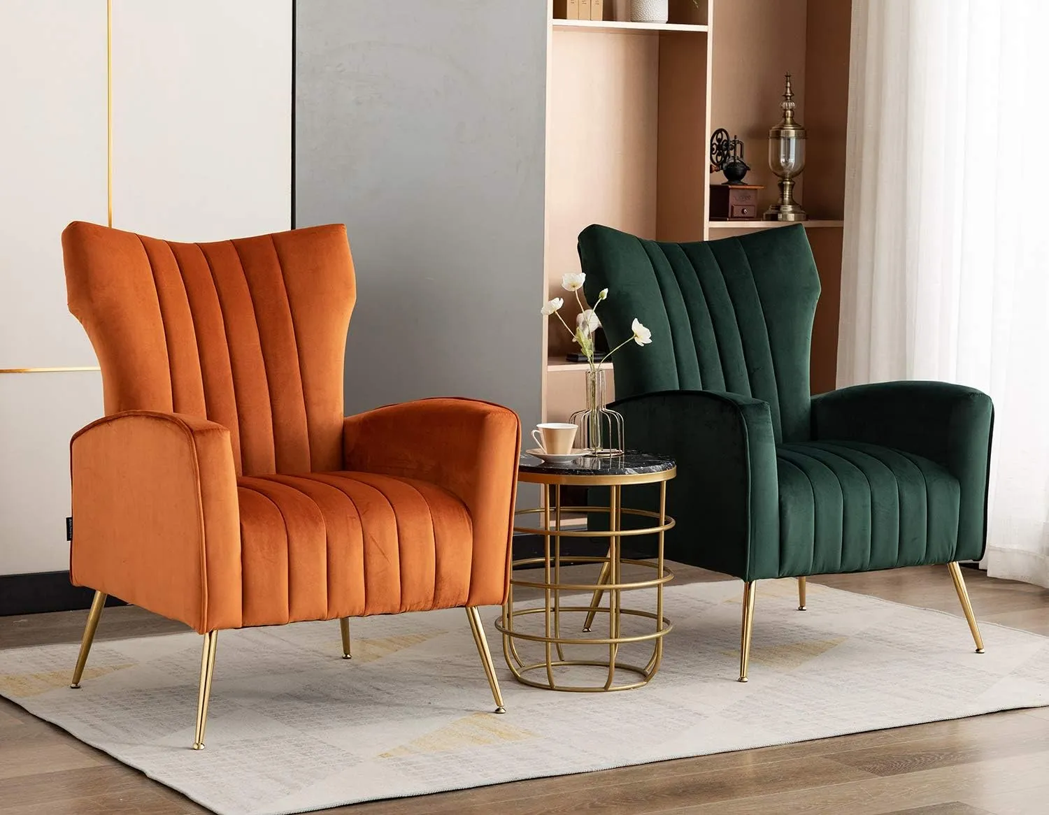 Artechworks Curved Tufted Accent Chair with Metal Gold Legs Velvet Upholstered Arm Club Leisure Modern Chair for Living Room Bedroom Patio, Green