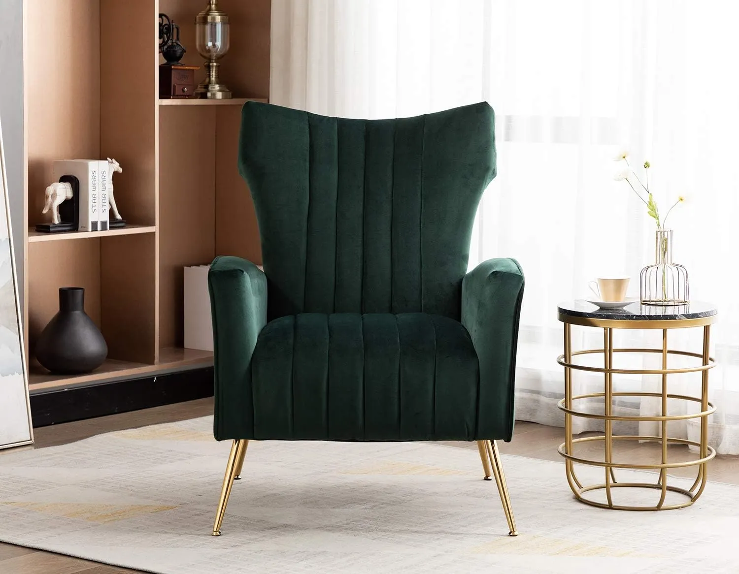 Artechworks Curved Tufted Accent Chair with Metal Gold Legs Velvet Upholstered Arm Club Leisure Modern Chair for Living Room Bedroom Patio, Green