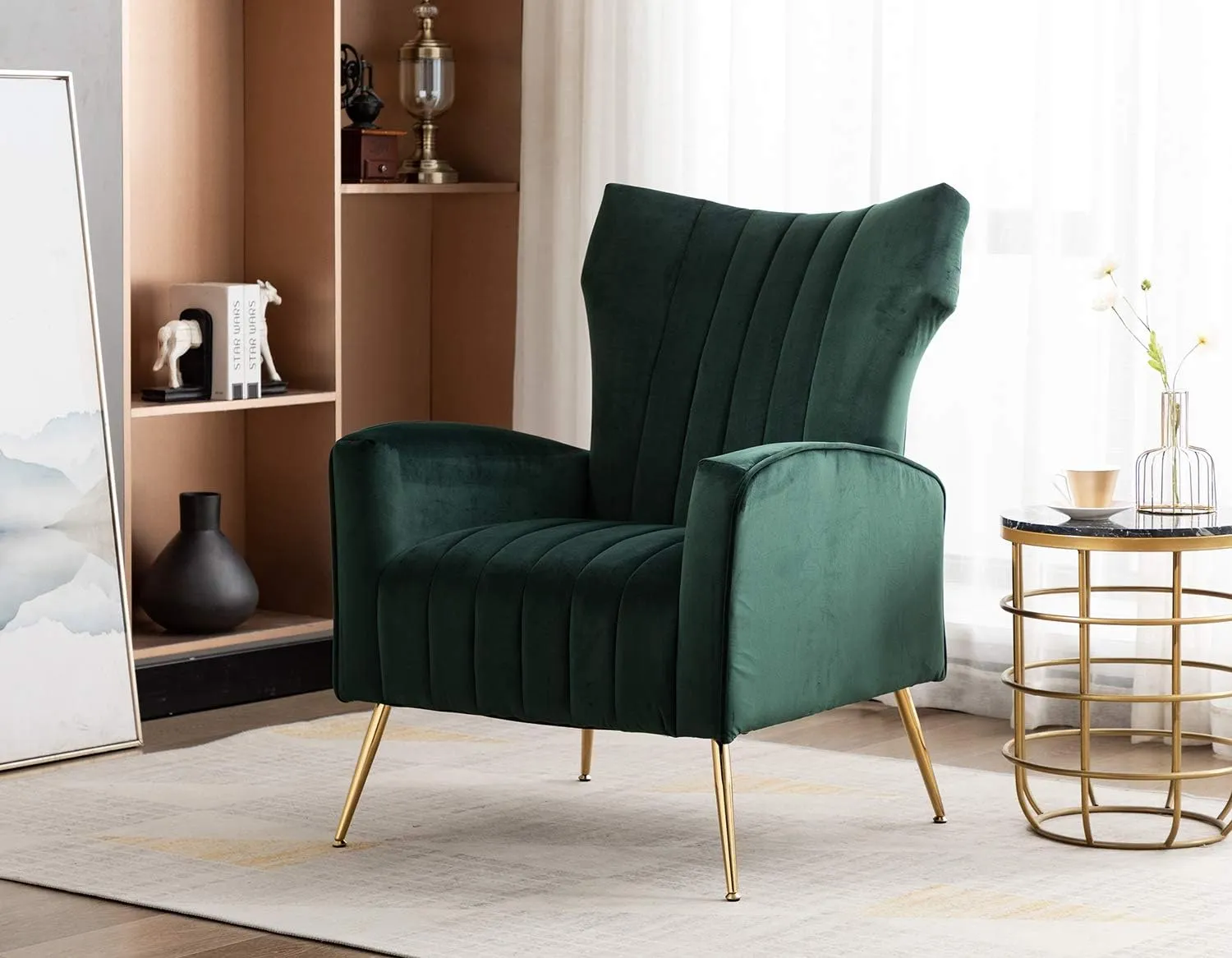 Artechworks Curved Tufted Accent Chair with Metal Gold Legs Velvet Upholstered Arm Club Leisure Modern Chair for Living Room Bedroom Patio, Green