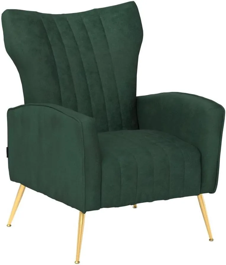 Artechworks Curved Tufted Accent Chair with Metal Gold Legs Velvet Upholstered Arm Club Leisure Modern Chair for Living Room Bedroom Patio, Green