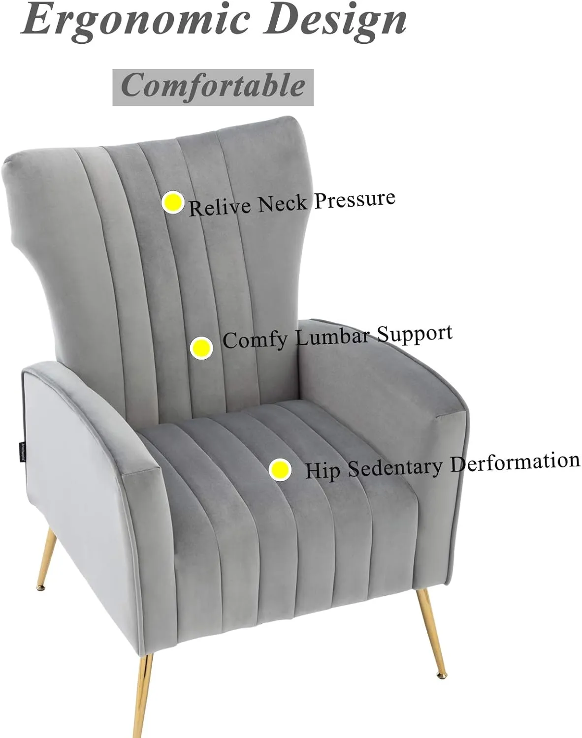 Artechworks Curved Tufted Accent Chair with Metal Gold Legs Velvet Upholstered Arm Club Leisure Modern Chair for Living Room Bedroom Patio, Grey