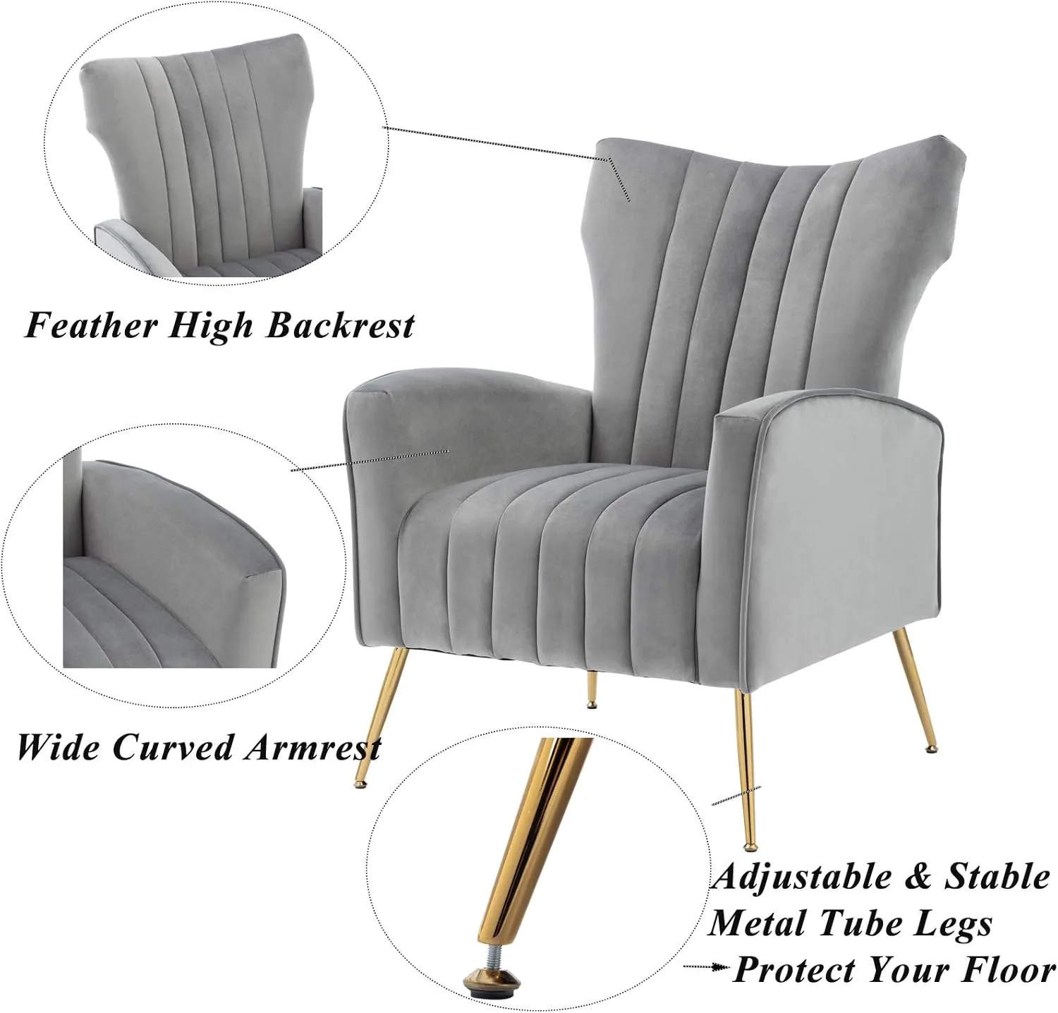 Artechworks Curved Tufted Accent Chair with Metal Gold Legs Velvet Upholstered Arm Club Leisure Modern Chair for Living Room Bedroom Patio, Grey