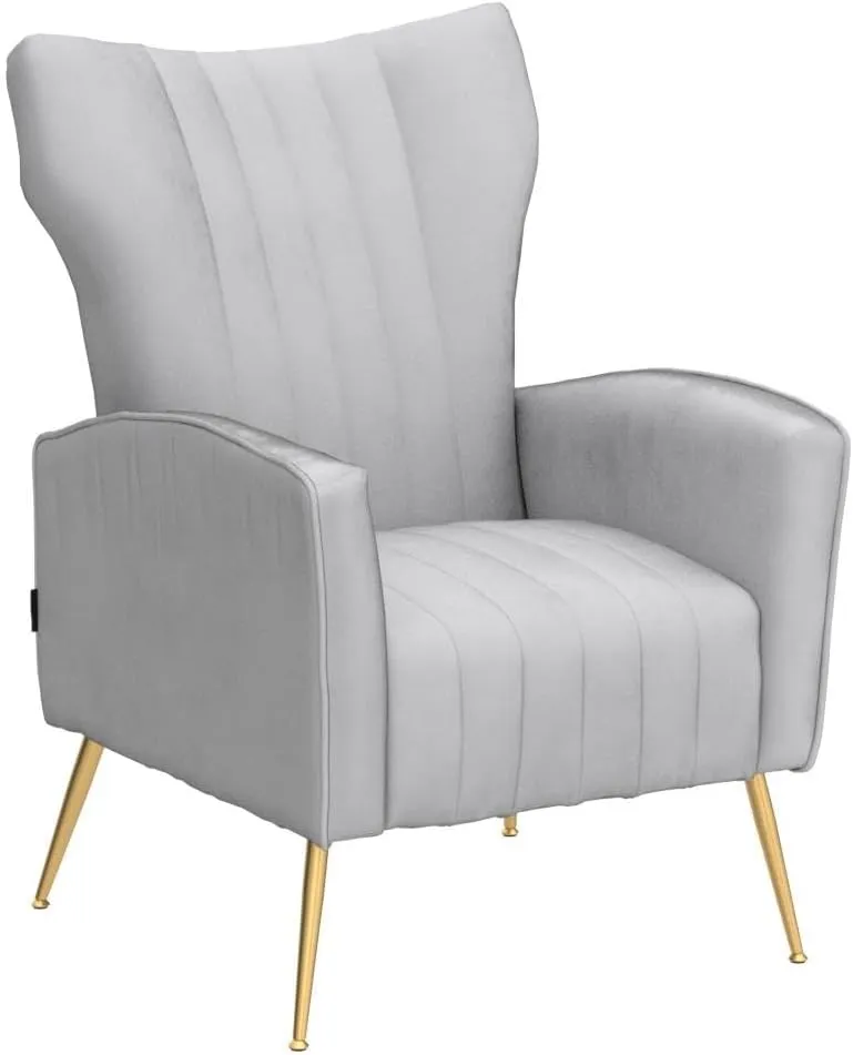 Artechworks Curved Tufted Accent Chair with Metal Gold Legs Velvet Upholstered Arm Club Leisure Modern Chair for Living Room Bedroom Patio, Grey