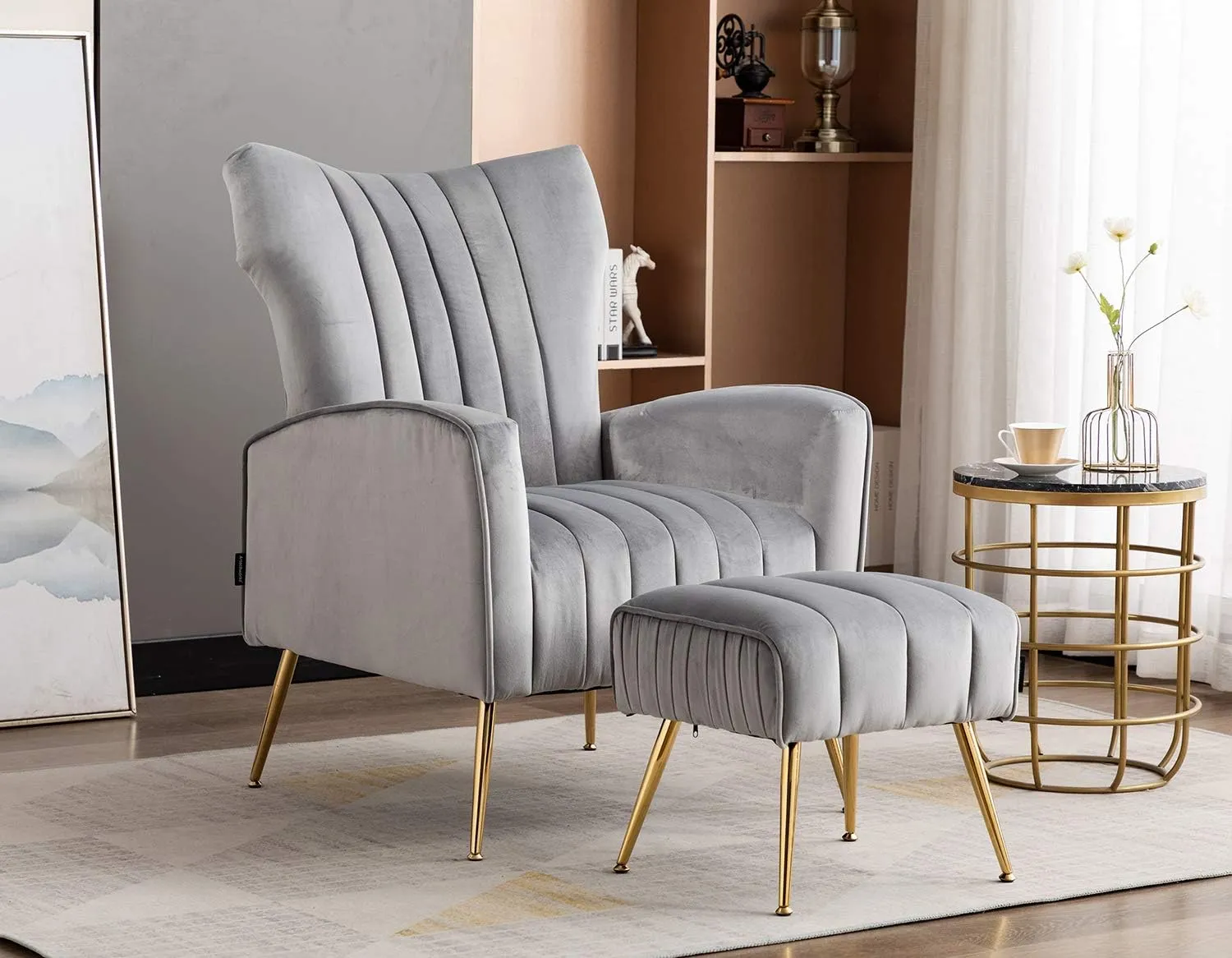 Artechworks Curved Tufted Accent Chair with Metal Gold Legs Velvet Upholstered Arm Club Leisure Modern Chair for Living Room Bedroom Patio, Grey