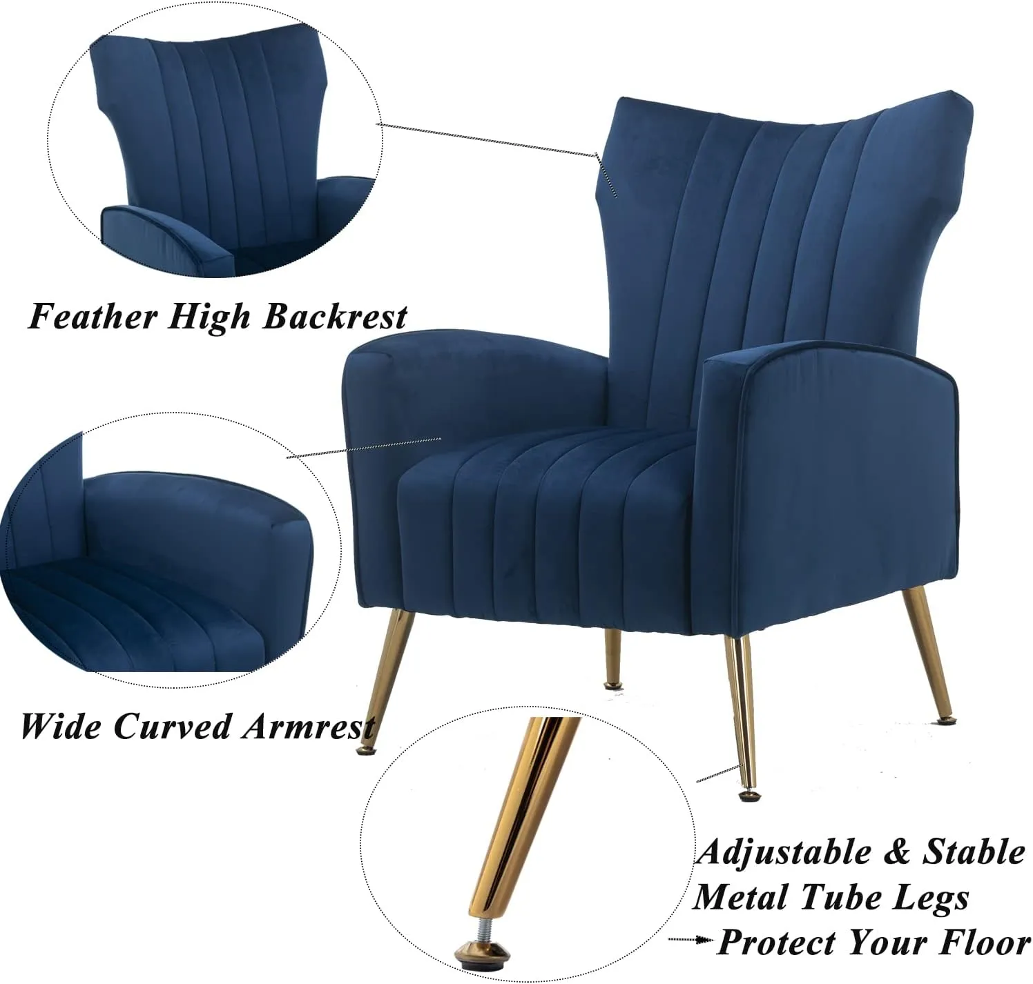 Artechworks Curved Tufted Accent Chair with Metal Gold Legs Velvet Upholstered Arm Club Leisure Modern Chair for Living Room Bedroom Patio, Navy Blue