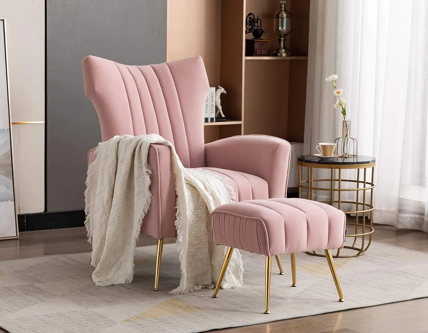 Artechworks Curved Tufted Accent Chair with Metal Gold Legs Velvet Upholstered Arm Club Leisure Modern Chair for Living Room Bedroom Patio, Pink