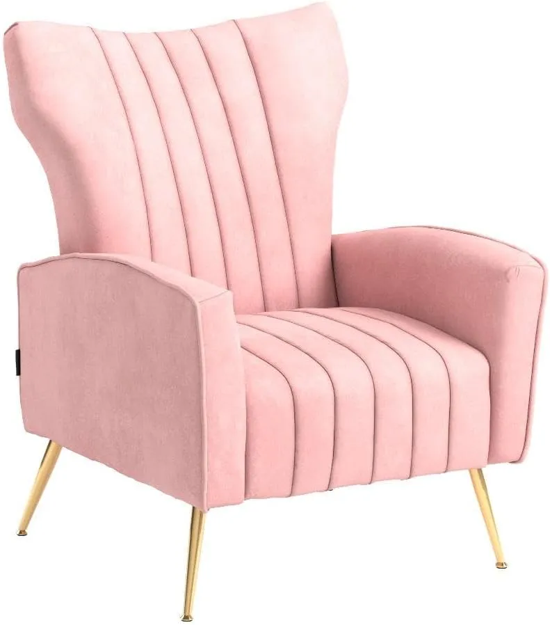 Artechworks Curved Tufted Accent Chair with Metal Gold Legs Velvet Upholstered Arm Club Leisure Modern Chair for Living Room Bedroom Patio, Pink
