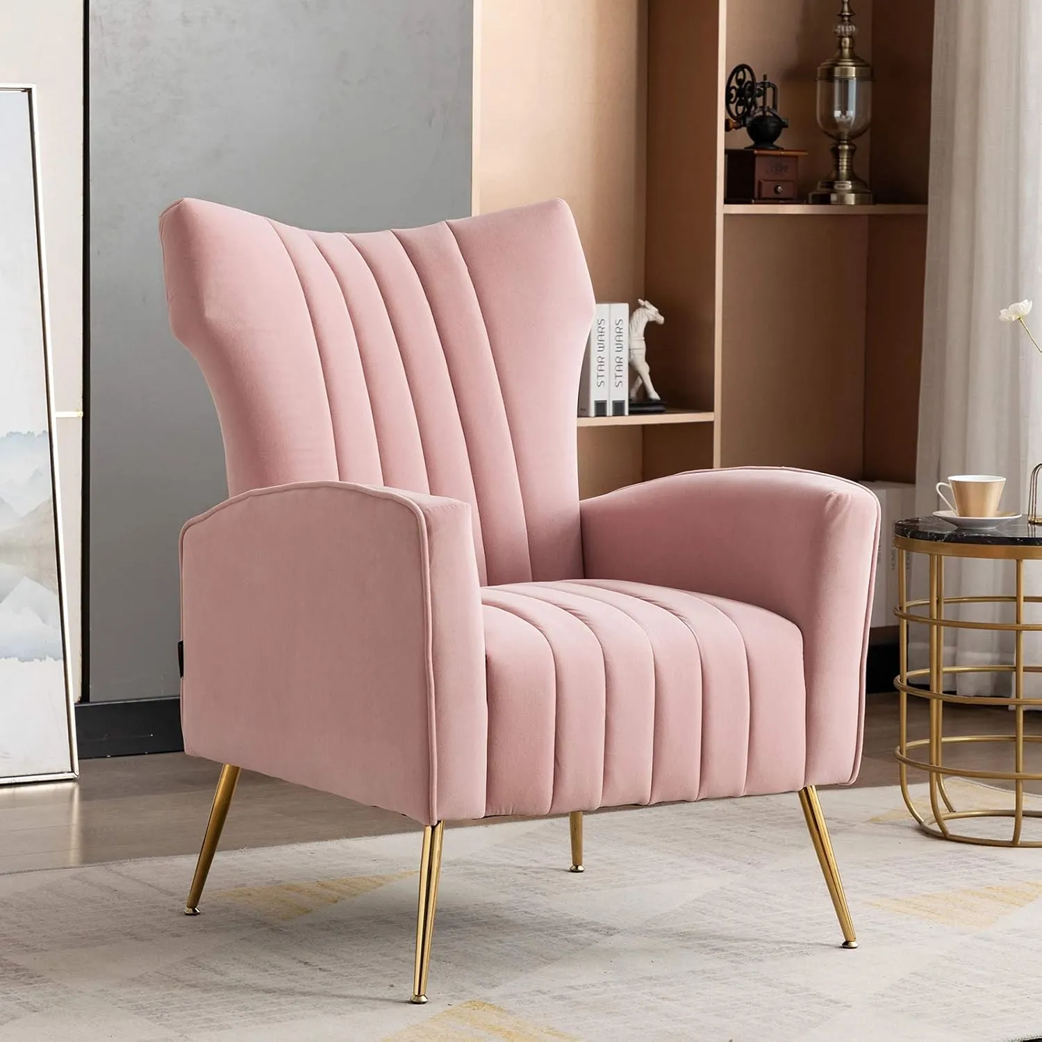 Artechworks Curved Tufted Accent Chair with Metal Gold Legs Velvet Upholstered Arm Club Leisure Modern Chair for Living Room Bedroom Patio, Pink