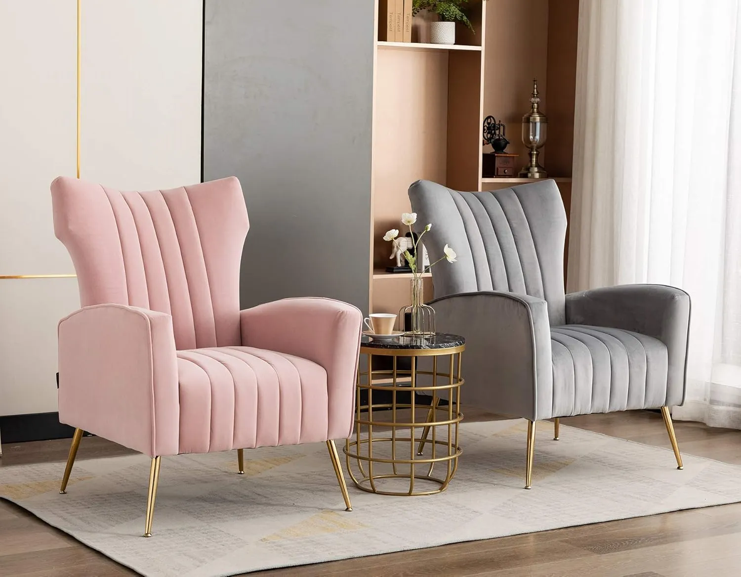 Artechworks Curved Tufted Accent Chair with Metal Gold Legs Velvet Upholstered Arm Club Leisure Modern Chair for Living Room Bedroom Patio, Pink