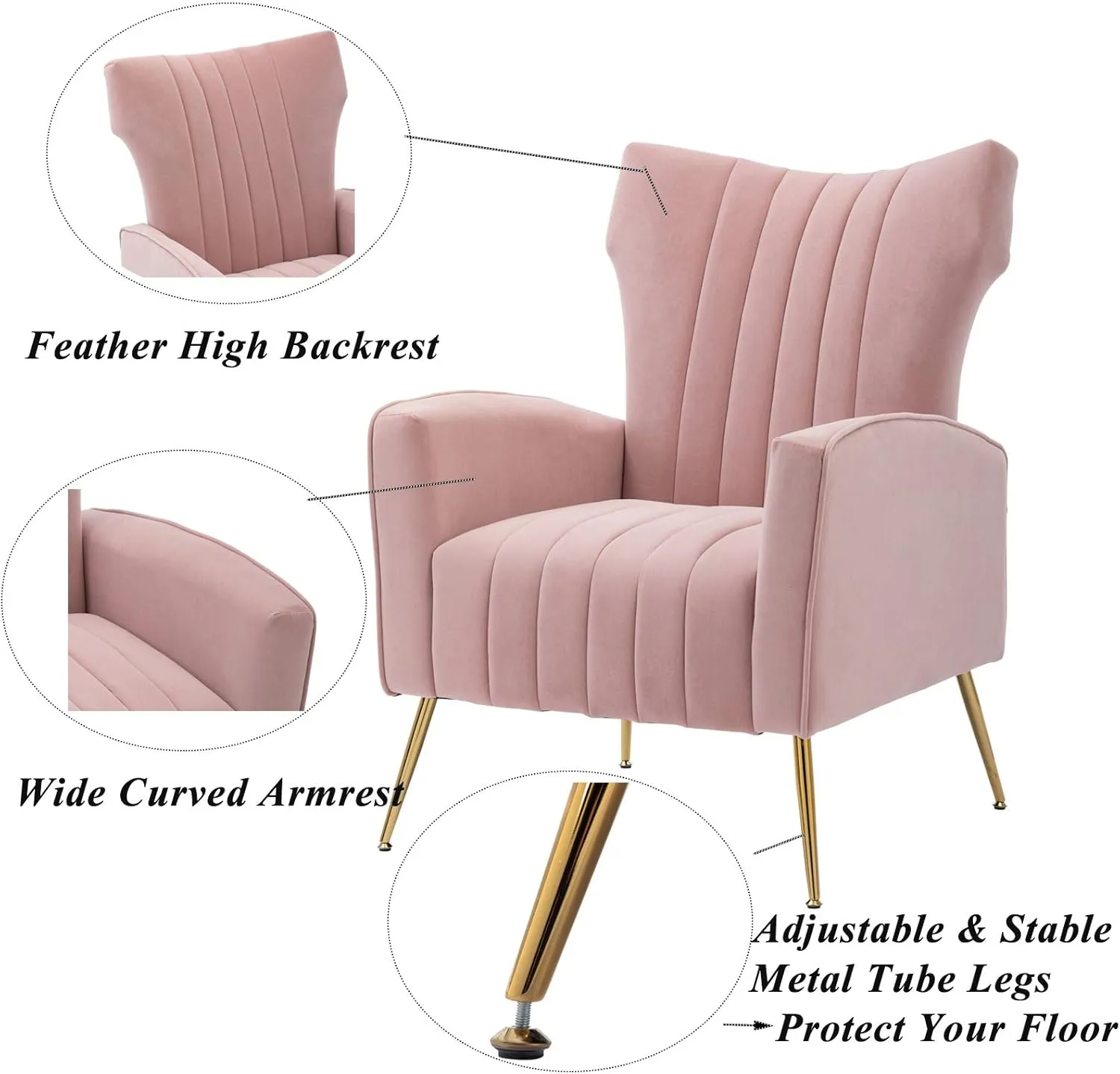 Artechworks Curved Tufted Accent Chair with Metal Gold Legs Velvet Upholstered Arm Club Leisure Modern Chair for Living Room Bedroom Patio, Pink