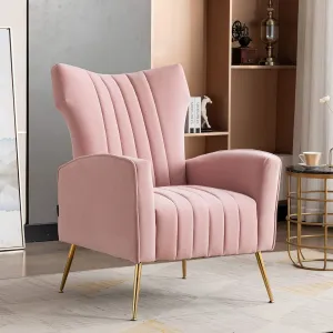 Artechworks Curved Tufted Accent Chair with Metal Gold Legs Velvet Upholstered Arm Club Leisure Modern Chair for Living Room Bedroom Patio, Pink
