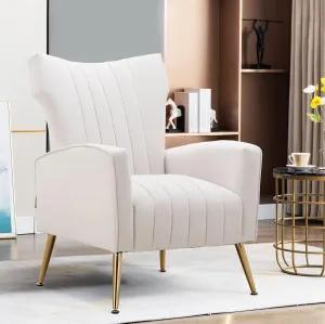 Artechworks Curved Tufted Accent Chair with Metal Gold Legs Velvet Upholstered Arm Club Leisure Modern Chair for Living Room Bedroom Patio, White Cream