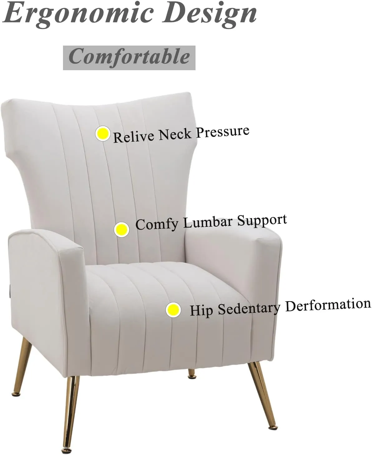 Artechworks Curved Tufted Accent Chair with Metal Gold Legs Velvet Upholstered Arm Club Leisure Modern Chair for Living Room Bedroom Patio, White Cream