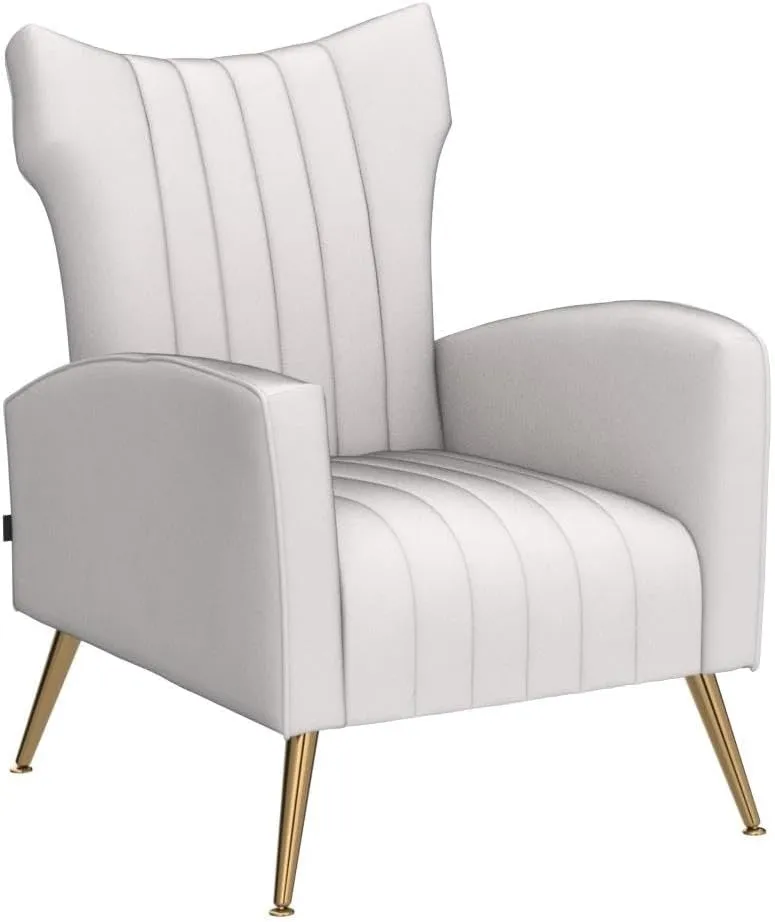Artechworks Curved Tufted Accent Chair with Metal Gold Legs Velvet Upholstered Arm Club Leisure Modern Chair for Living Room Bedroom Patio, White Cream